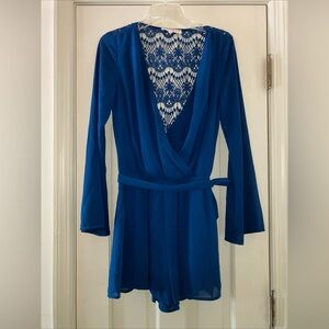 ALTAR'D STATE Blue Long Sleeve Open Lace Back Romper Small With Belt